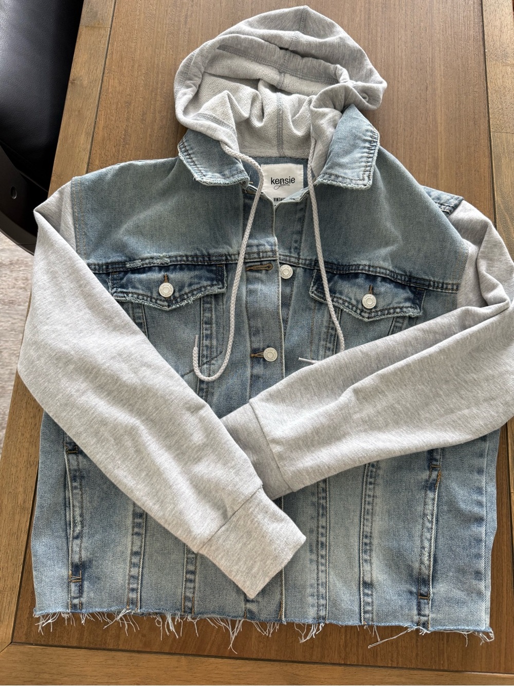 Kensie Two-Tone Light Blue Denim Jacket with Gray Hooded Sleeves